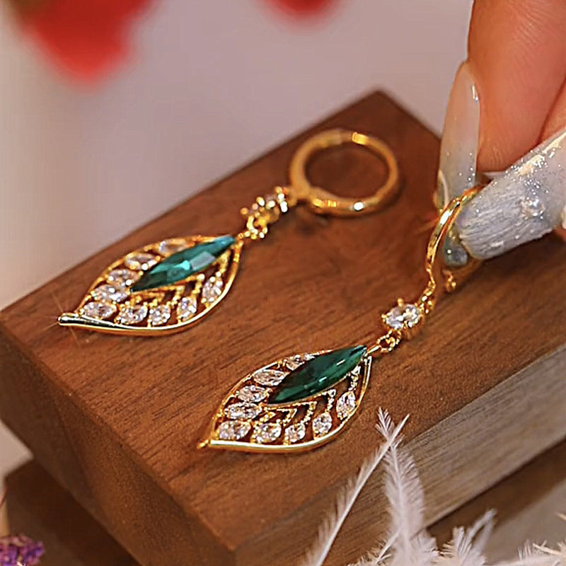 Fashionable Emerald Leaf Diamond Earrings