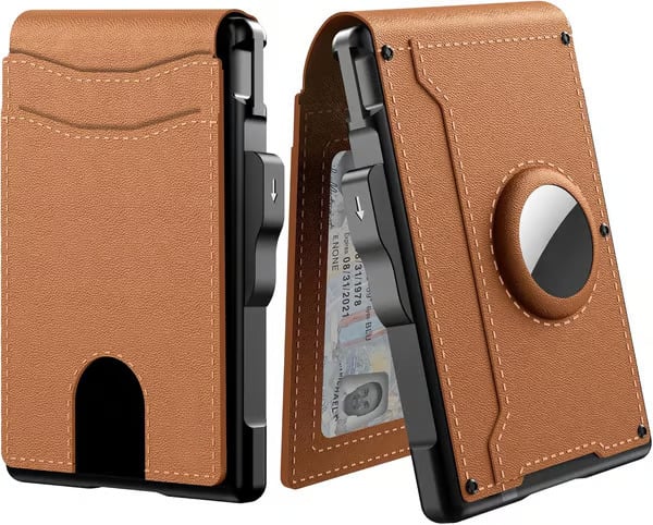 🔥Men's Simple Bifold Wallet- with Pop Up Aluminum Case Money Clip Slim Leather Slots Credit Card Holder RFID Blocking Bifold Minimalist Wallet(🎁Perfect Gift)