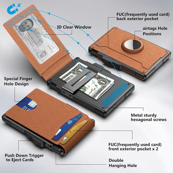🔥Men's Simple Bifold Wallet- with Pop Up Aluminum Case Money Clip Slim Leather Slots Credit Card Holder RFID Blocking Bifold Minimalist Wallet(🎁Perfect Gift)