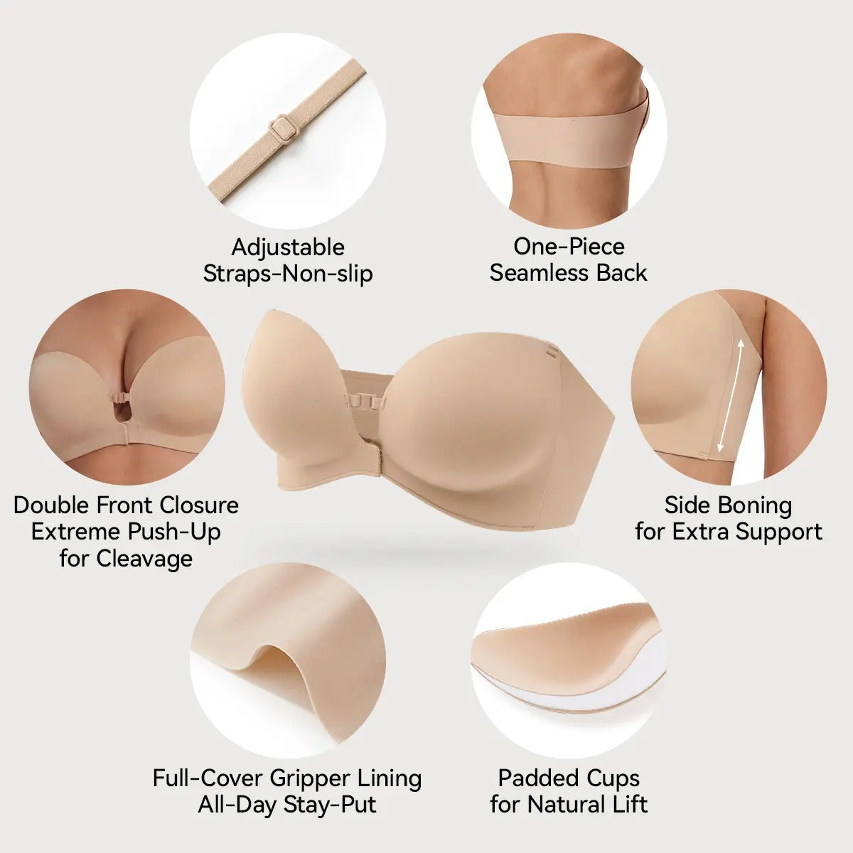 “I Finally Found a Bra That Disappears Under Everything I Wear” 💗-Strapless Front-Closure Push-Up Bra – Anti-Slip Grip