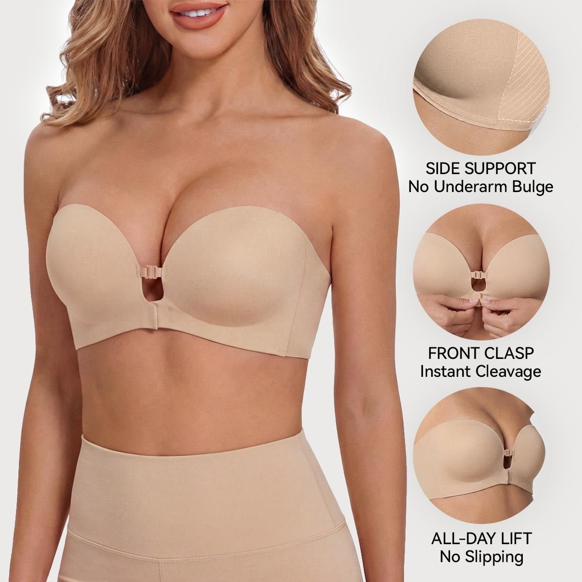 “I Finally Found a Bra That Disappears Under Everything I Wear” 💗-Strapless Front-Closure Push-Up Bra – Anti-Slip Grip